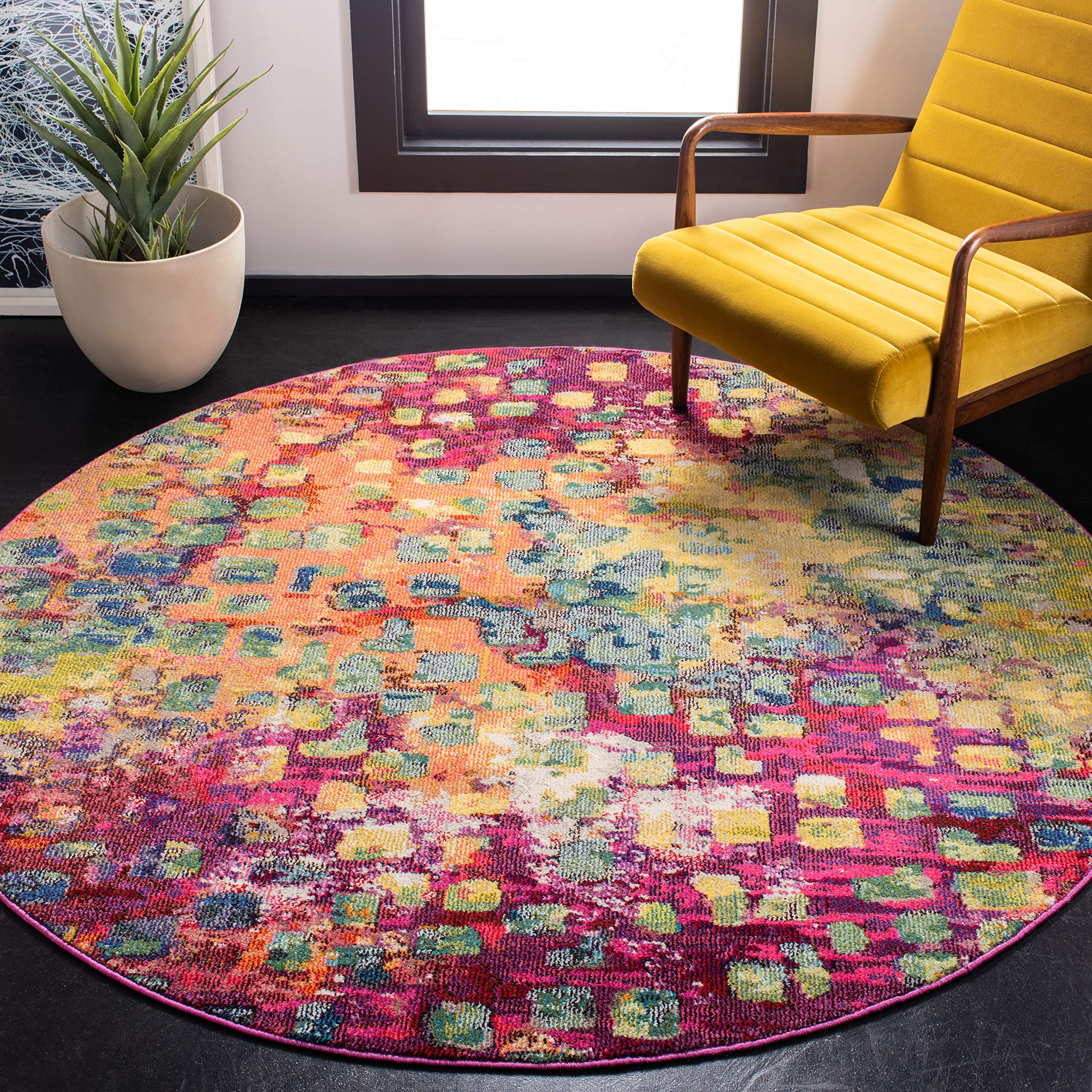 SAFAVIEH Madison Collection Area Rug - 9' Round, Fuchsia & Gold, Boho Abstract Distressed Design, Non-Shedding & Easy Care, Idea